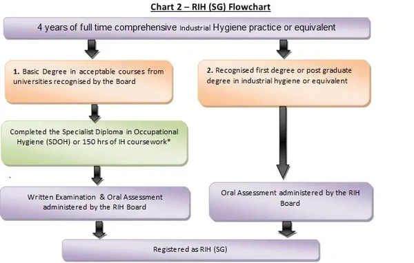 RIH (SG) application pathway showing eligibility, coursework, experience, assessment, and certification steps.